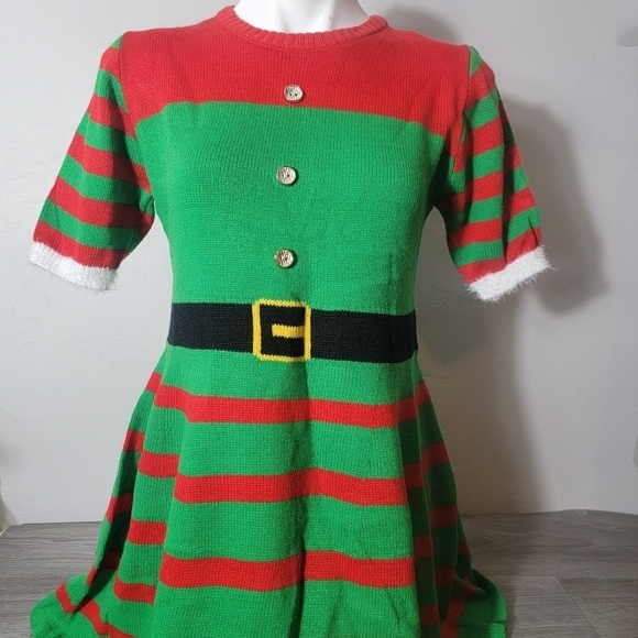 Poof Merry Christmas Green Red Dress Knit Women Size L Elf Festive Holiday Cheer - Picture 1 of 13